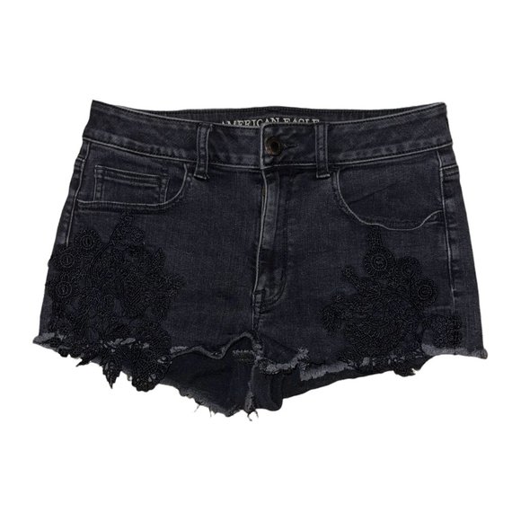 American Eagle Distressed Womens Booty Shorts 8 Black Lace HiRise Shortie - Picture 1 of 7